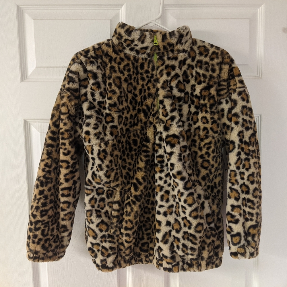 Kids' Leopard Print Faux Fur Half Zip Jacket